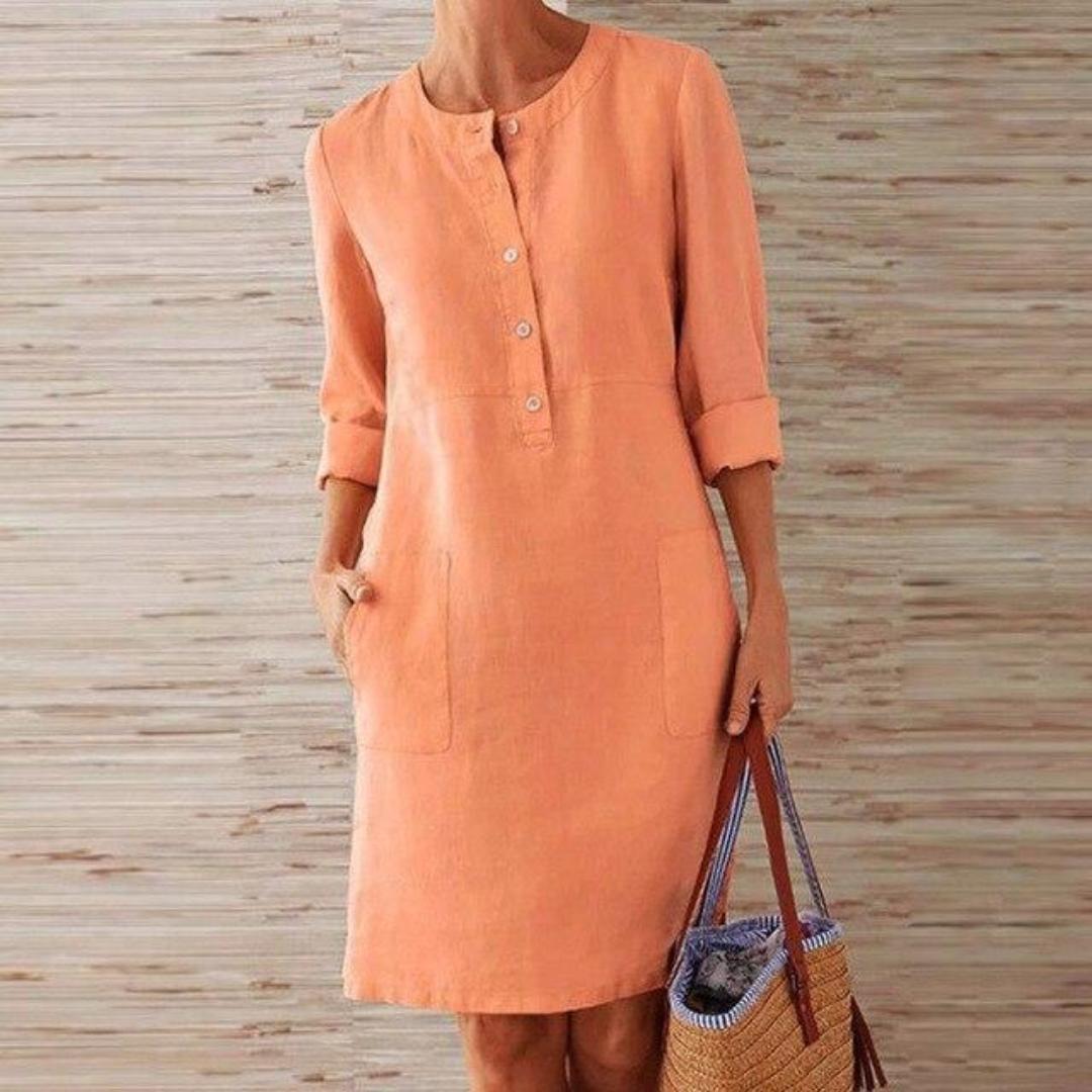 Women's Linen Blend Tunic Dress | Lightweight Casual Day Dress | Relaxed Fit with Pockets
