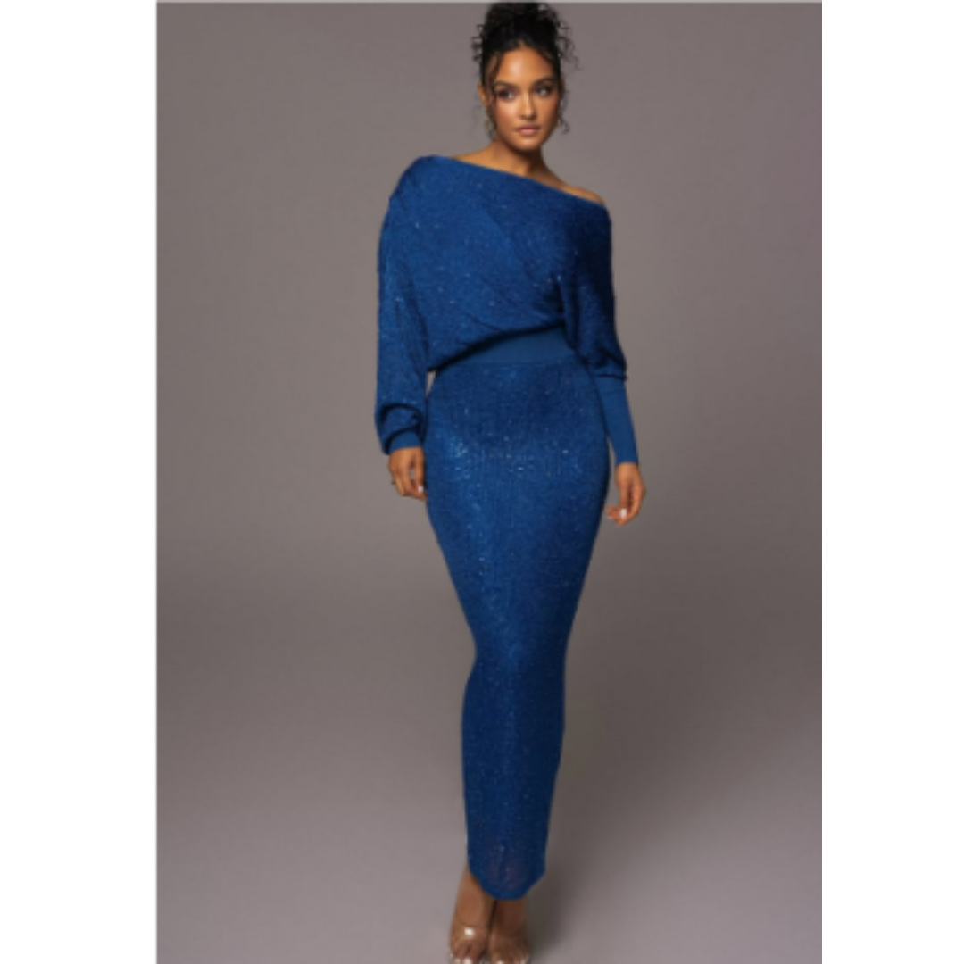 Off-Shoulder Glitter Gown | Long Sleeve Fitted Maxi | Elegant Evening Dress