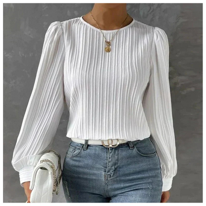 Pleated Long Sleeve Blouse | Textured Crepe with Round Neck | Lightweight Everyday Top