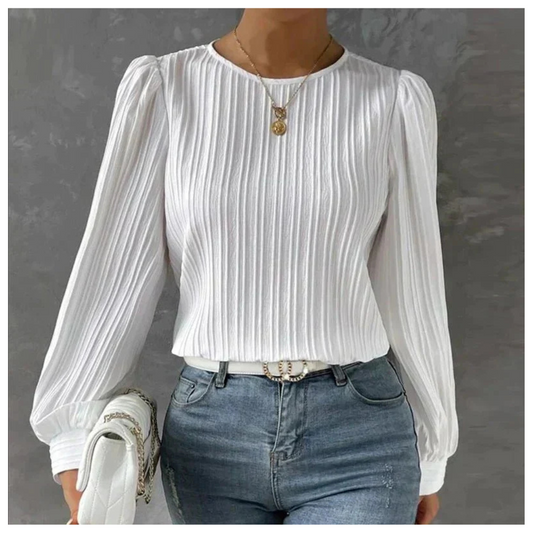 Pleated Long Sleeve Blouse | Textured Crepe with Round Neck | Lightweight Everyday Top