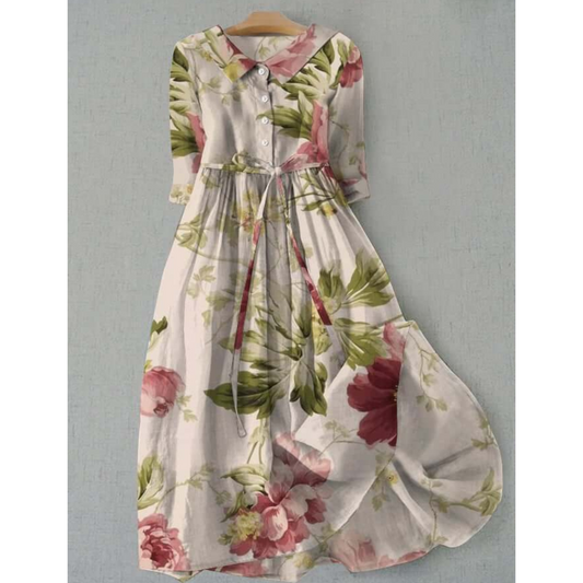 Vintage Floral Midi Dress | Button-Front & Tie Waist | 3/4 Sleeve Cotton Blend