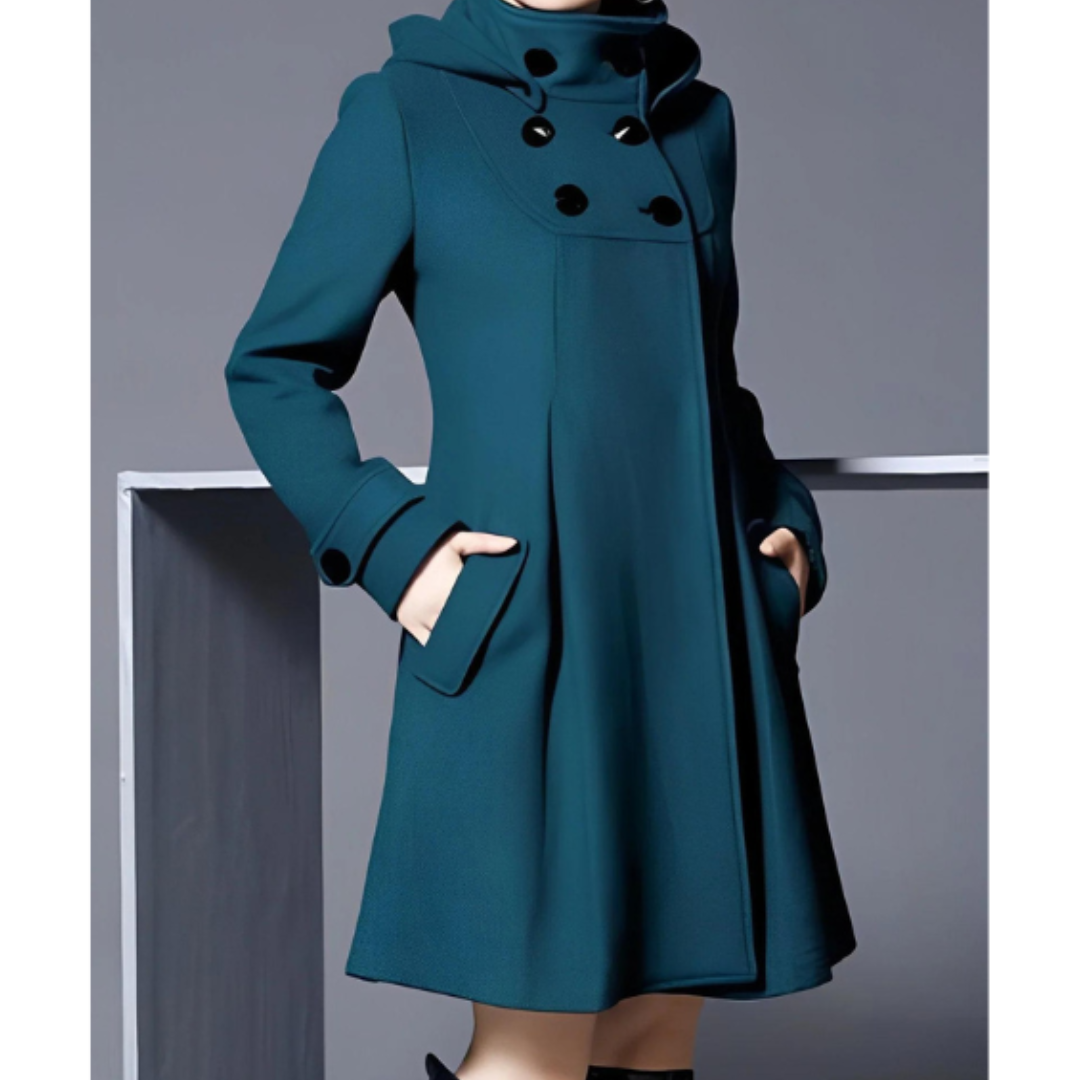 Women’s Wool Blend Hooded Coat | Double-Breasted A-Line Jacket | Elegant Mid-Length Outerwear