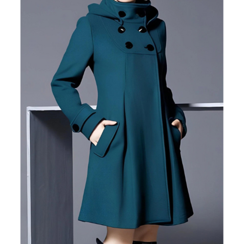Women’s Wool Blend Hooded Coat | Double-Breasted A-Line Jacket | Elegant Mid-Length Outerwear