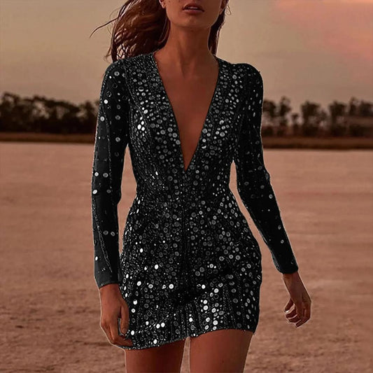 Sequin Mesh Evening Gown | Deep V-Neck & Sheer Sleeves | Elegant Fitted Silhouette