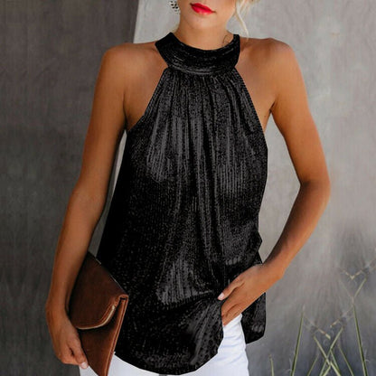 Sleeveless Mock Neck Halter Blouse | Draped Fit | Subtle Shine Finish