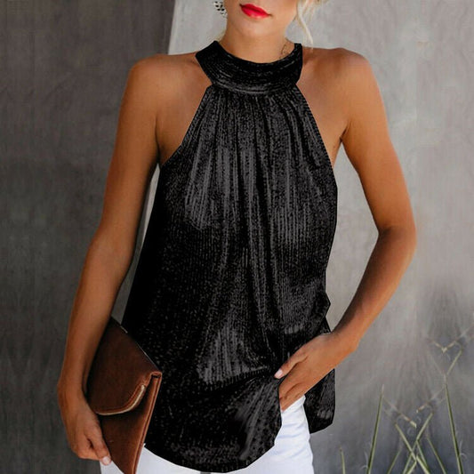 Sleeveless Mock Neck Halter Blouse | Draped Fit | Subtle Shine Finish