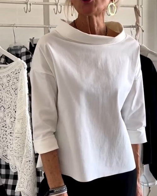 Wide Collar Knit Top | 3/4 Sleeve | Minimalist Silhouette