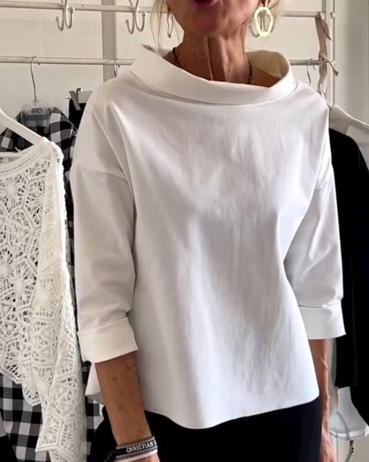 Wide Collar Knit Top | 3/4 Sleeve | Minimalist Silhouette