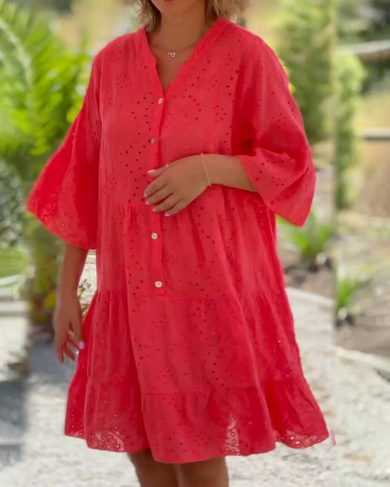 Eyelet Tiered Dress | Button-Front Detail | Loose Flowy Silhouette