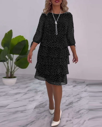 Polka Dot Chiffon Overlay Dress | Sheer Sleeve Detail | Tiered Hem