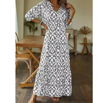 Boho Maxi Dress | Ikat Print | Lightweight V-Neck with Sleeves