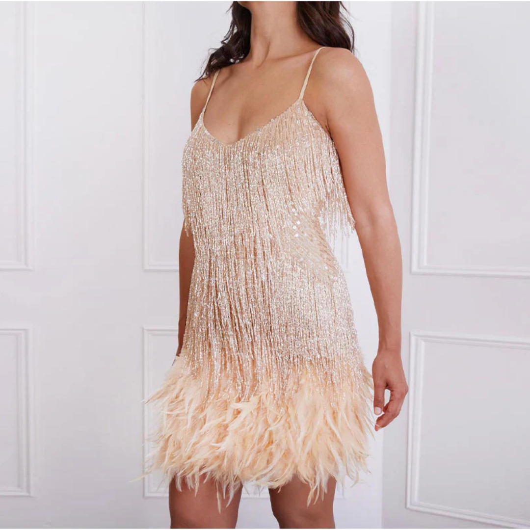 Women's Sequin Feather Mini Dress | Spaghetti Strap Party Dress | Glam Night Out Outfit