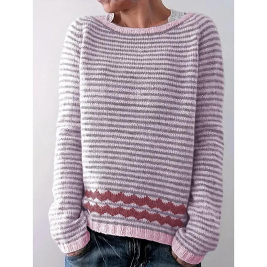 Women's Striped Knit Sweater | Crew Neck Pullover | Casual Fall Winter Layer