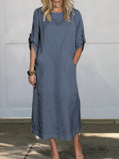 Relaxed Linen Midi Dress | Roll-Up Sleeves with Pockets | Minimalist Everyday Style