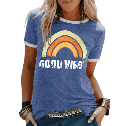 "Good Vibes" Graphic Tee | Retro Rainbow Print | Contrast Trim Detail