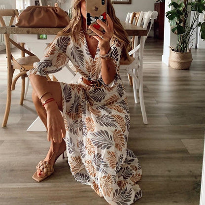 Women's Leaf Print Wrap Maxi Dress | Lightweight V-Neck Dress | Casual Summer Outfit