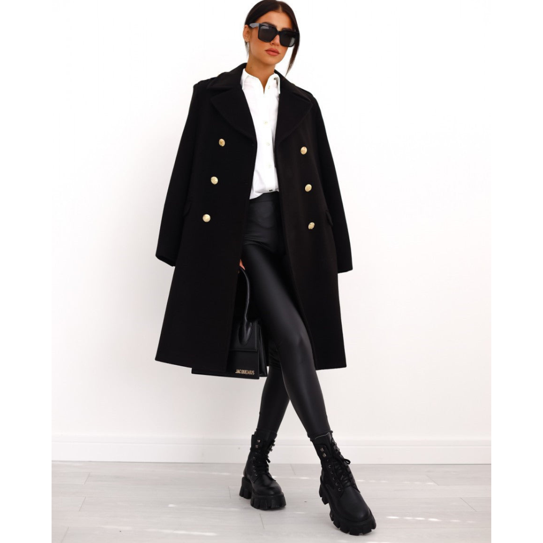 Double-Breasted Long Wool Coat | Tailored Fit with Gold Button Detail | Elegant Winter Outerwear