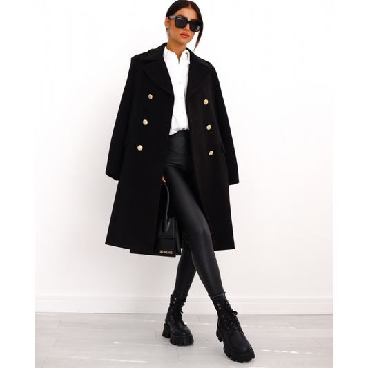 Double-Breasted Long Wool Coat | Tailored Fit with Gold Button Detail | Elegant Winter Outerwear