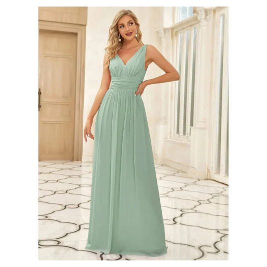 Sleeveless Pleated Chiffon Gown | V-Neck Formal Maxi Dress | Ruched Waist Detail