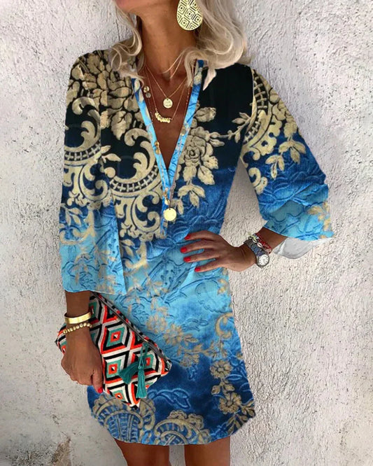 Women's Printed Tunic Dress | 3/4 Sleeve V-Neck | Casual Beach Cover-Up Dress