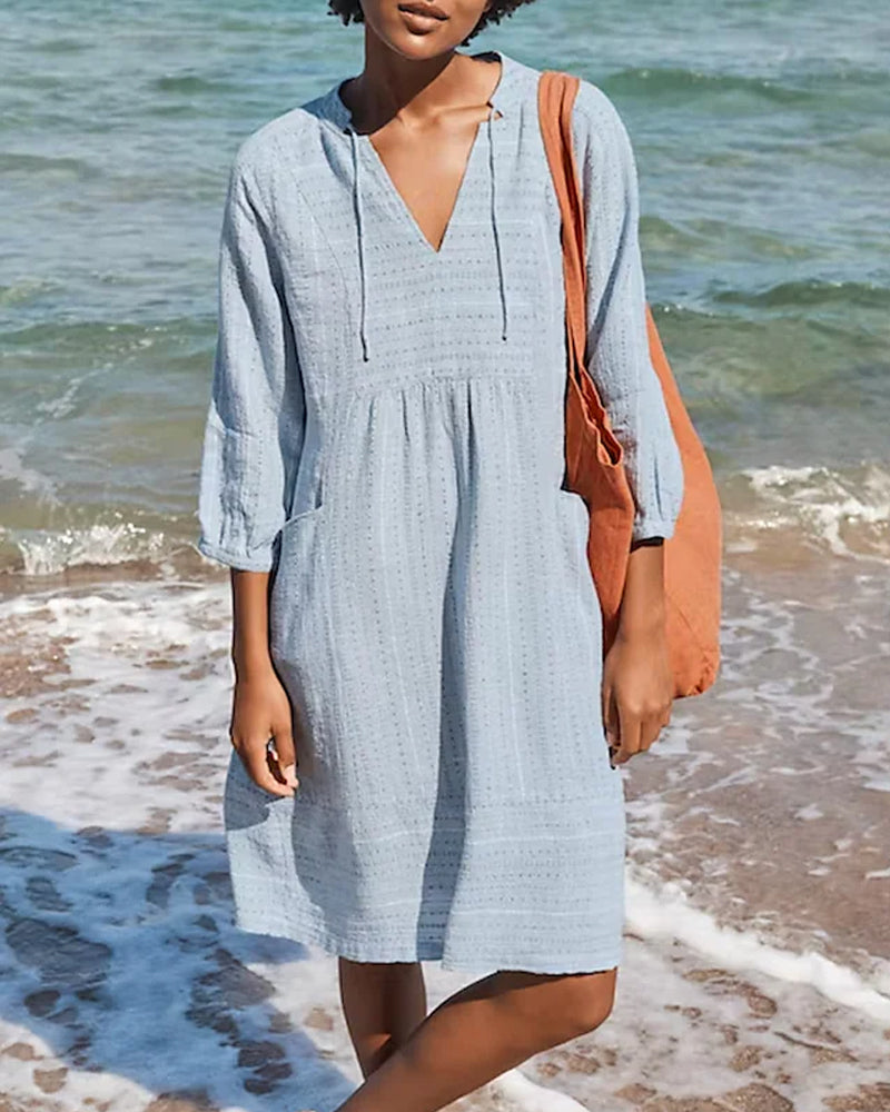 White Cotton Beach Dress | Tunic Style | Lightweight 3/4 Sleeve Cover-Up