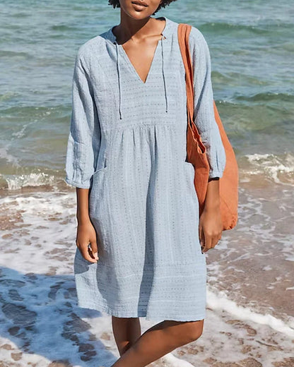 White Cotton Beach Dress | Tunic Style | Lightweight 3/4 Sleeve Cover-Up