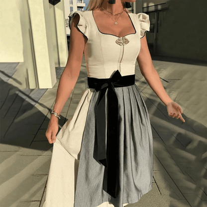 Elegant Dirndl-Inspired Dress | Contrast Skirt & Velvet Bow | Fit & Flare