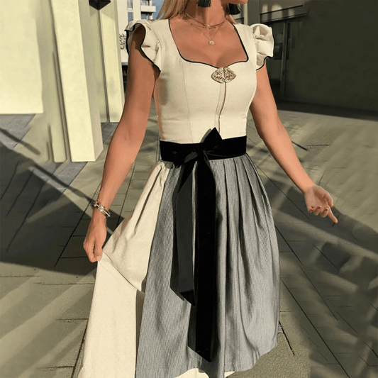 Elegant Dirndl-Inspired Dress | Contrast Skirt & Velvet Bow | Fit & Flare