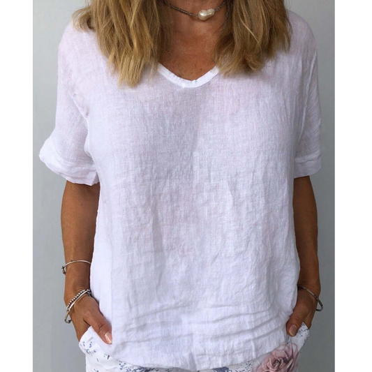 Linen V-Neck Top | Rolled Short Sleeves | Lightweight Relaxed Fit