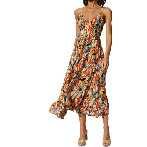 Tropical Print Midi Dress | Lightweight Ruffle Hem | Adjustable Straps