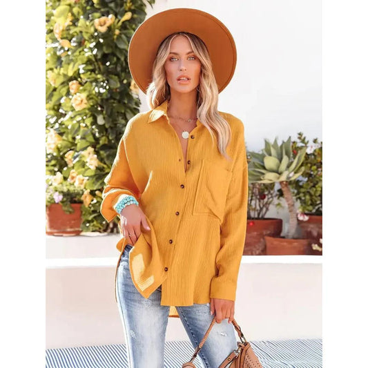 Textured Button-Up Shirt | Relaxed Fit with Chest Pocket | Lightweight Casual Blouse