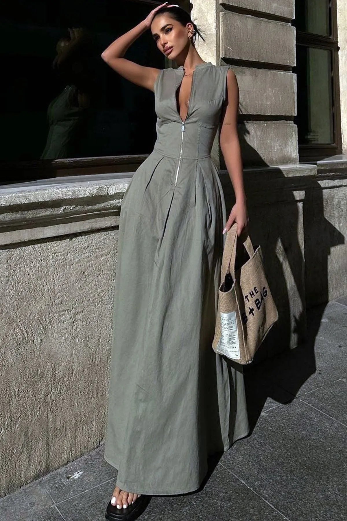 Sleeveless A-Line Maxi Dress | Deep V-Neck | Elegant Formal Wear