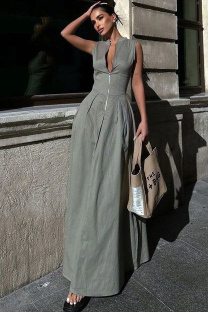 Sleeveless A-Line Maxi Dress | Deep V-Neck | Elegant Formal Wear