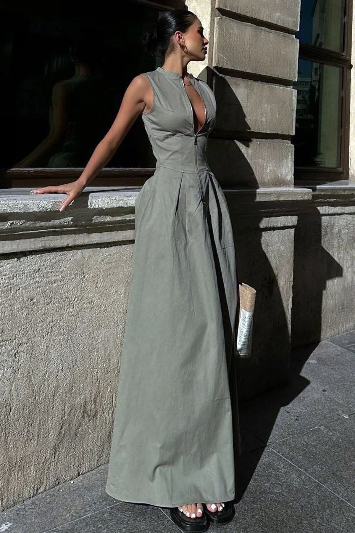 Sleeveless A-Line Maxi Dress | Deep V-Neck | Elegant Formal Wear