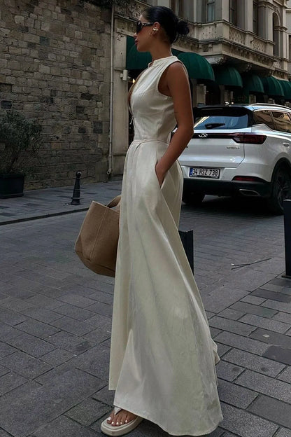 Sleeveless A-Line Maxi Dress | Deep V-Neck | Elegant Formal Wear