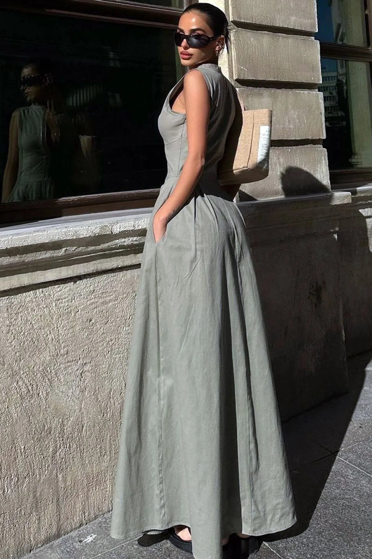 Sleeveless A-Line Maxi Dress | Deep V-Neck | Elegant Formal Wear