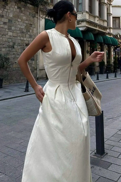 Sleeveless A-Line Maxi Dress | Deep V-Neck | Elegant Formal Wear