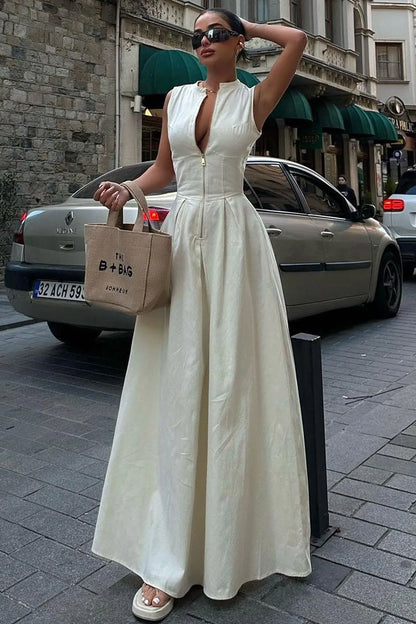 Sleeveless A-Line Maxi Dress | Deep V-Neck | Elegant Formal Wear
