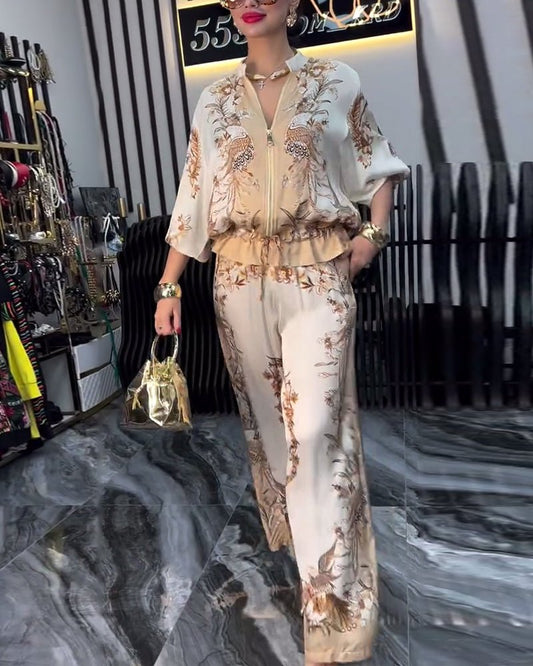 Women's Satin Matching Set | Relaxed Fit Printed Blouse and Pants | Lightweight Two-Piece