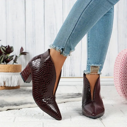 Textured Ankle Boots | Snakeskin Look with Curved Cut | Mid Heel Western Style