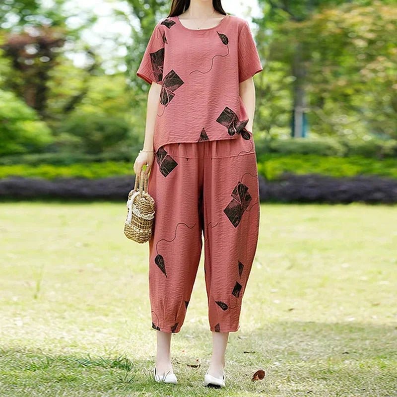 Relaxed Fit Two-Piece Set | Lightweight Crinkled Texture & Abstract Leaf Print