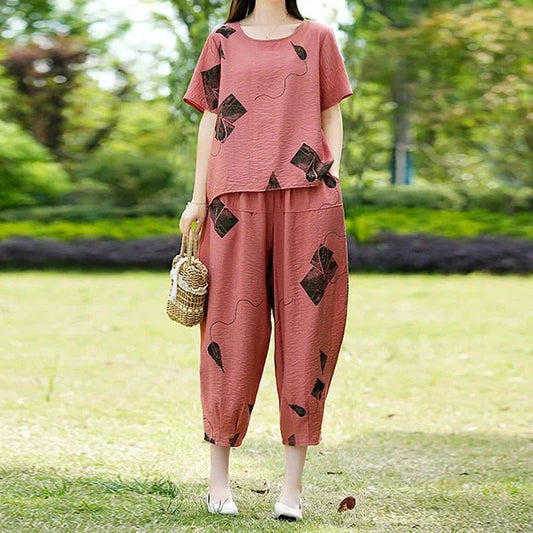 Relaxed Fit Two-Piece Set | Lightweight Crinkled Texture & Abstract Leaf Print