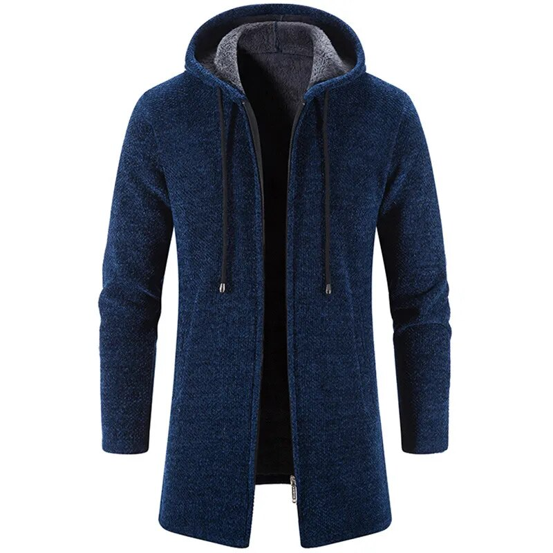 Men’s Longline Hooded Cardigan Jacket | Knit Zip-Up with Drawstring Hood