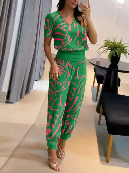 Two-Piece V-Neck Lounge Set | Short Sleeve Top & Jogger Pant | Soft Drape Fit