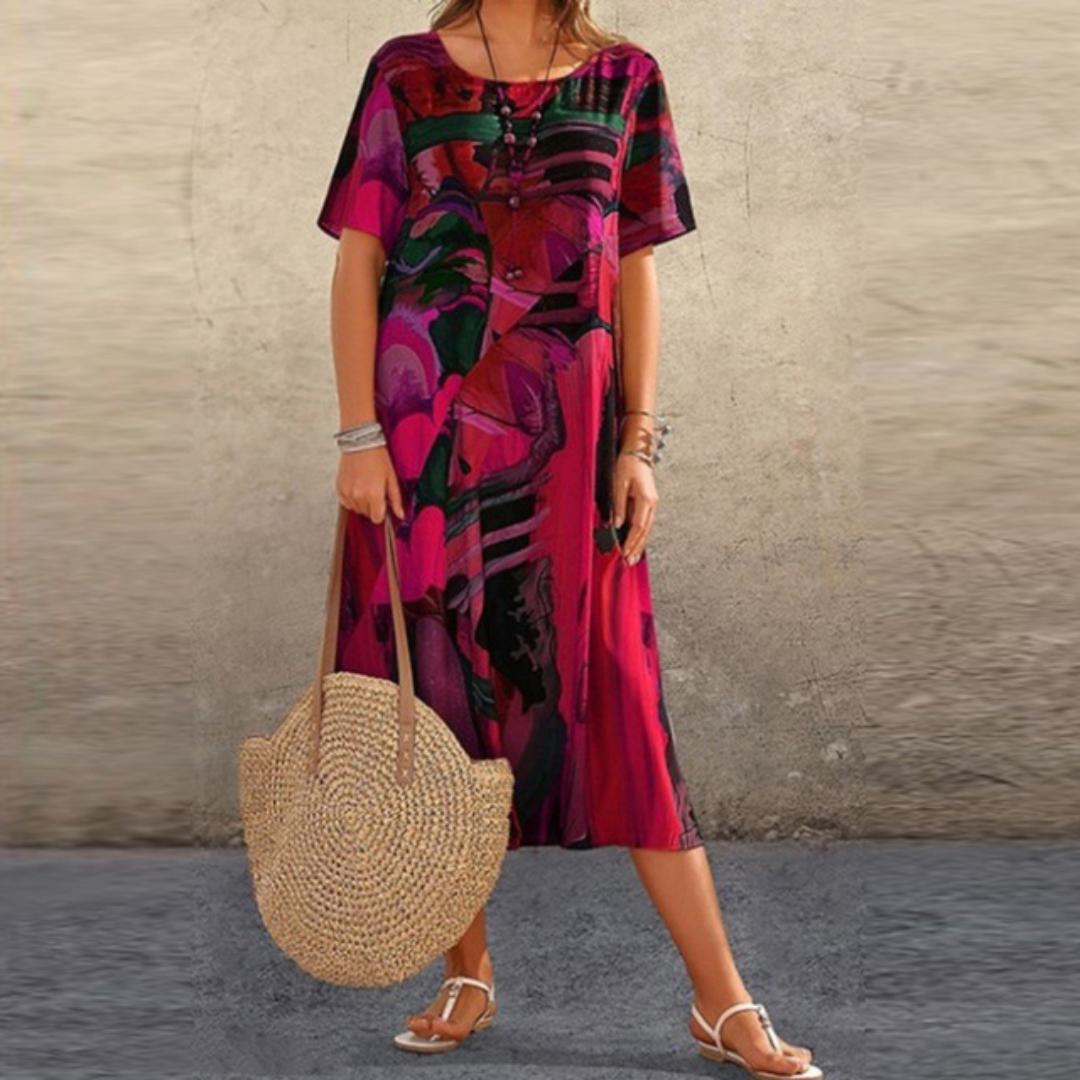 Abstract Print Midi Dress | Loose-Fit Summer Tunic | Lightweight Short Sleeve