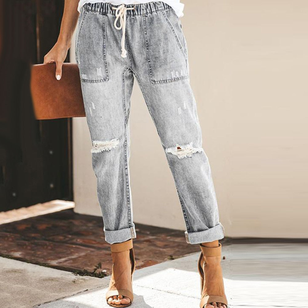Distressed Denim Jogger Pants | Drawstring Waist Relaxed Jeans | Casual Streetwear Fit