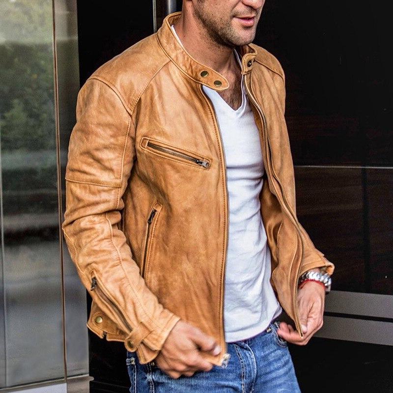 Men’s Faux Leather Moto Jacket | Slim Fit | Zip Pockets & Snap Collar