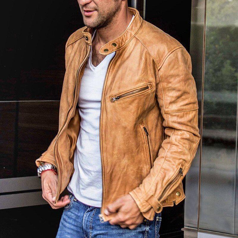 Men’s Faux Leather Moto Jacket | Slim Fit | Zip Pockets & Snap Collar