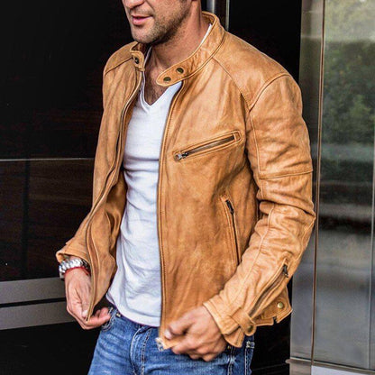 Men’s Faux Leather Moto Jacket | Slim Fit | Zip Pockets & Snap Collar