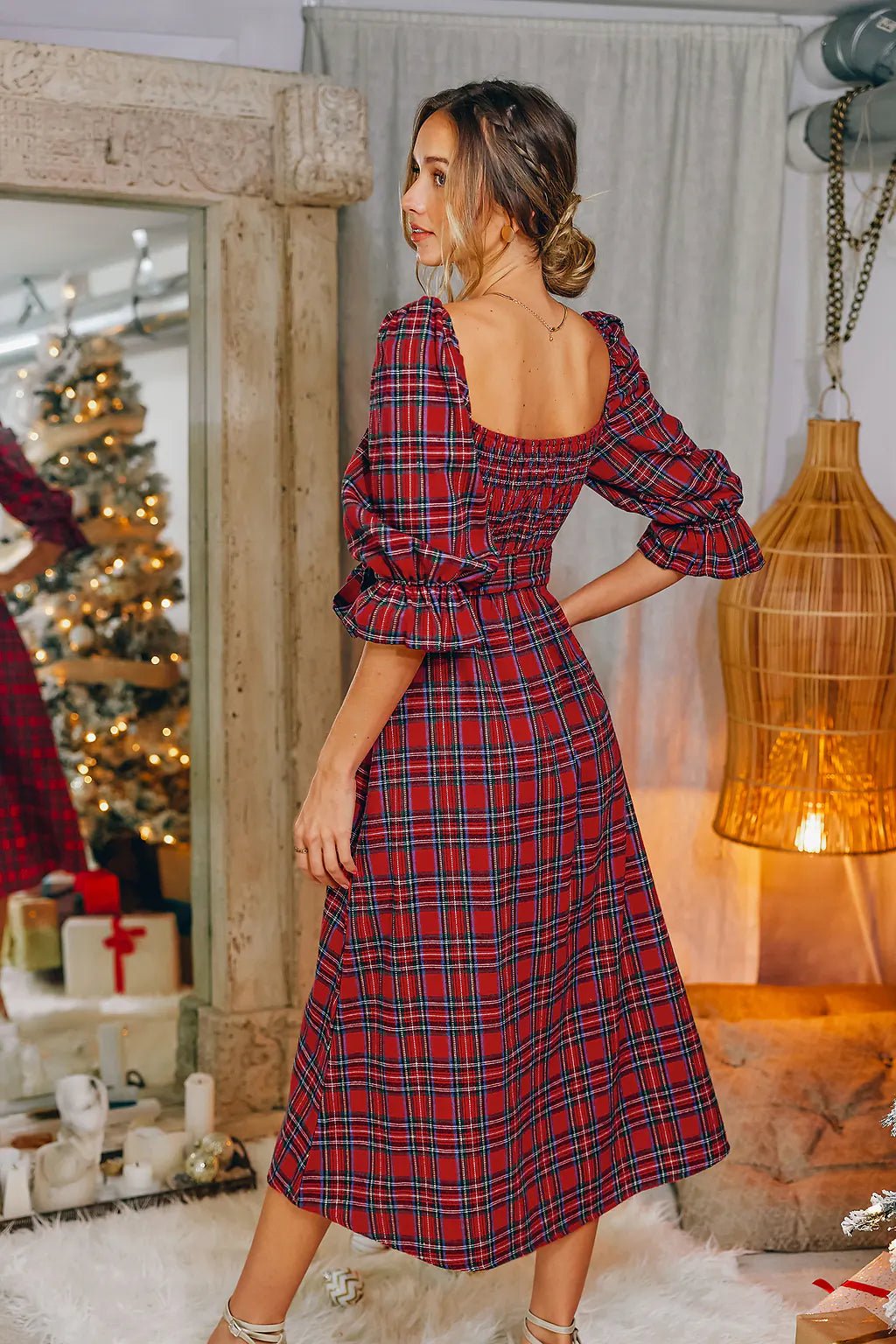 Plaid Midi Dress | Puff Sleeves & Bow Detail | Festive Holiday Style